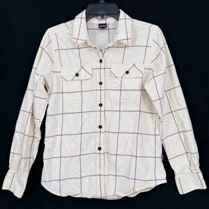 Patagonia Womens Fjord Flannel Shirt Cream Purple Windowpane Organic Cotton